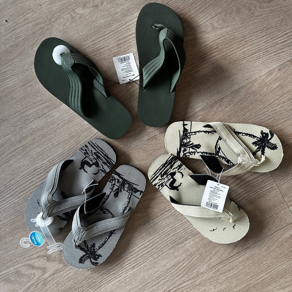 Set of Flip Flops in Green, Gray, and Beige